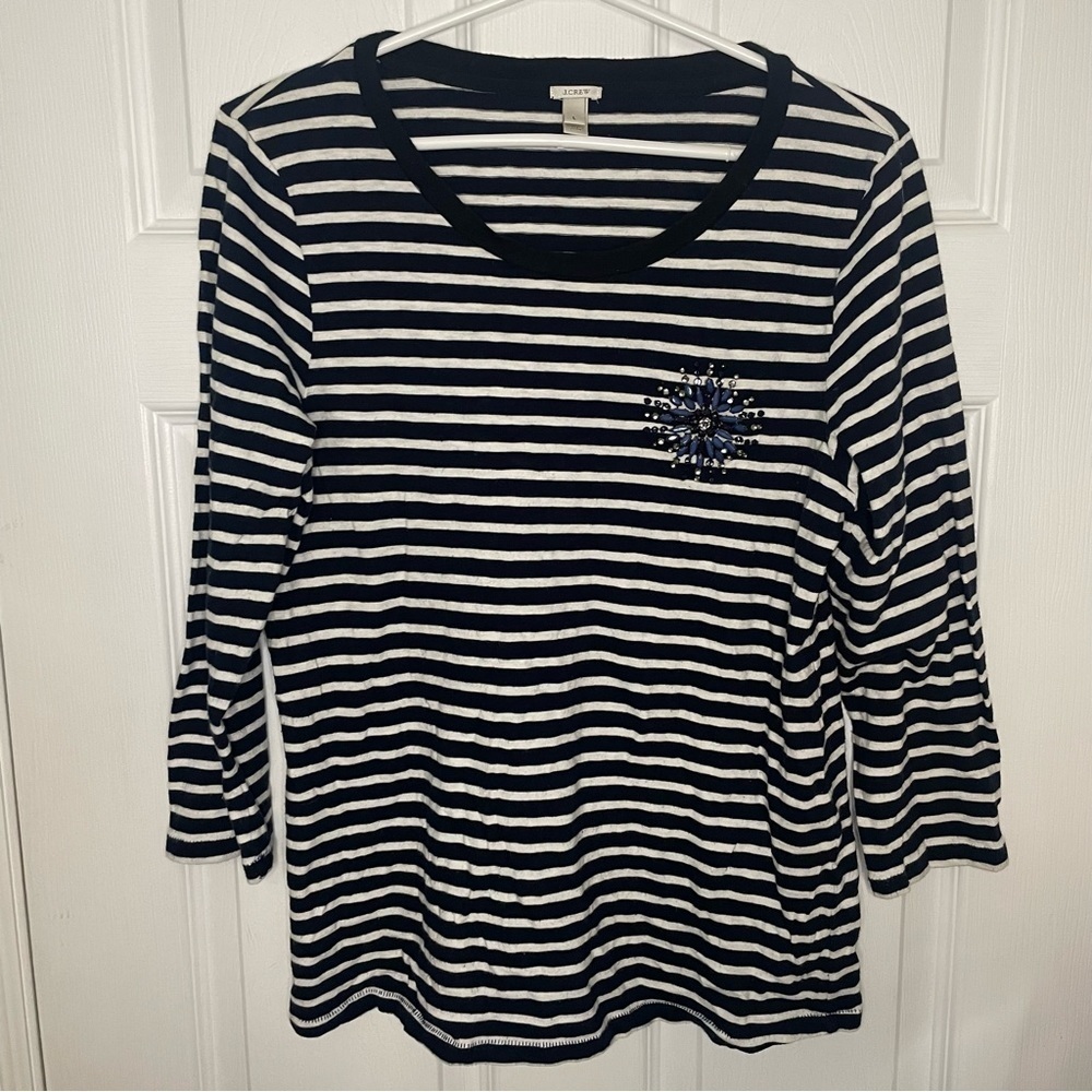 J. Crew Navy and White Striped 3/4 Length Top with Floral Jewel detailing Large